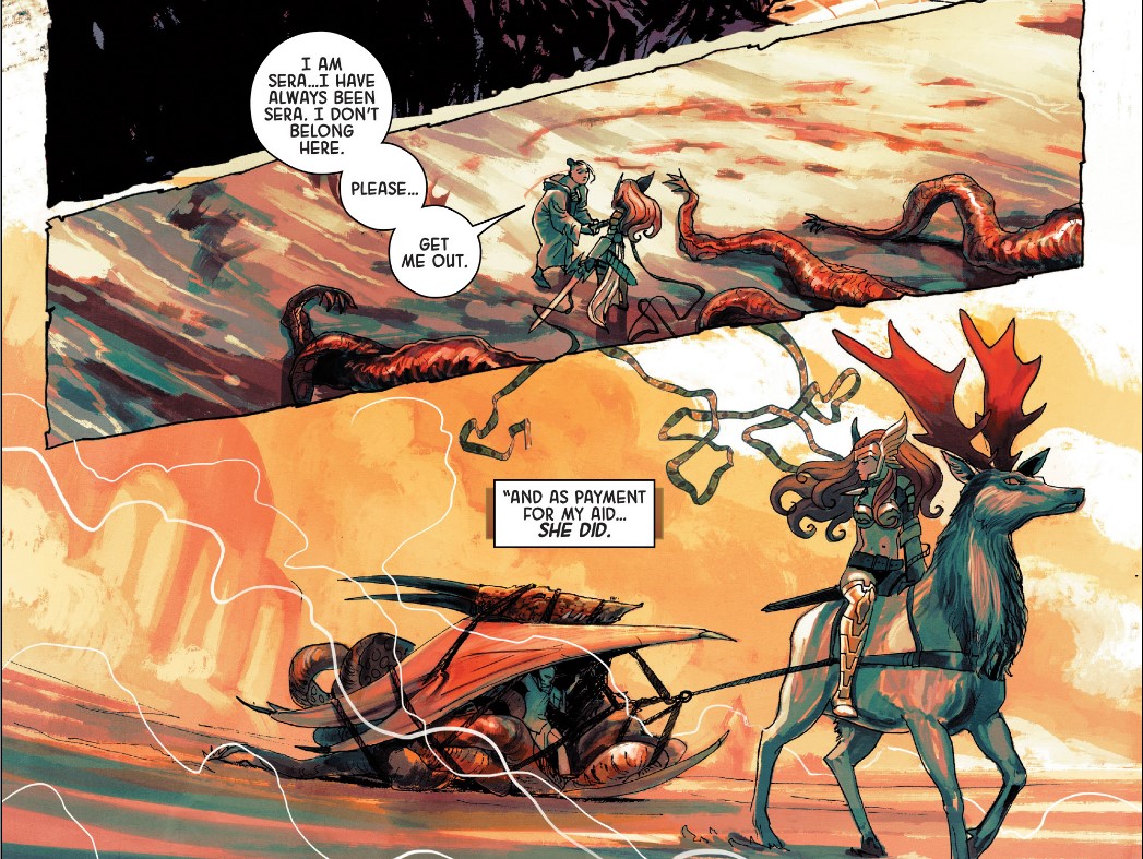 Sera: I am Sera. I have always been Sera. I don’t belong here [with the Anchorites]. Please… get me out. Caption: And as payment for my aid… she did. (Gillen et al. 2015a)