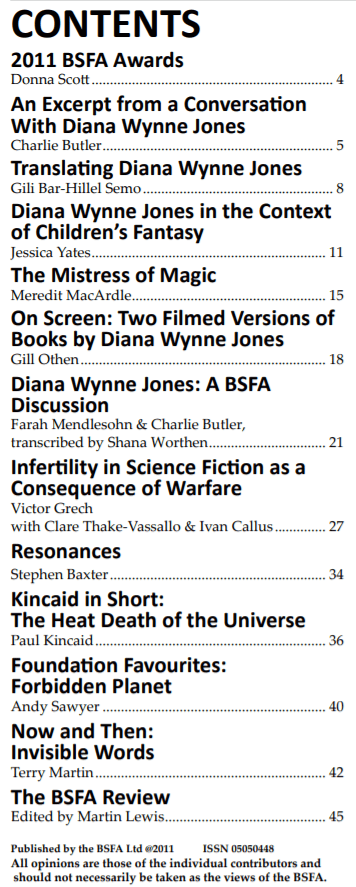 Contents page of Vector special on Diana Wynne Jones