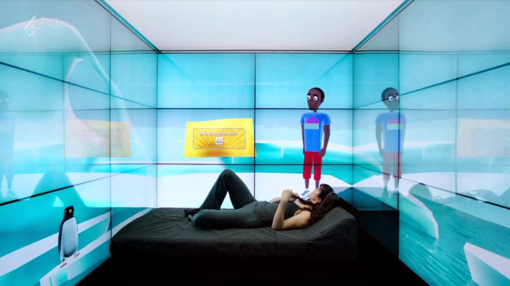 Abi lies in a cell-like room, whose walls are all screens. Her backdrop appears to be penguins on ice floes. Bing's doppel is shown on the screens, alongside a glowing golden ticket.