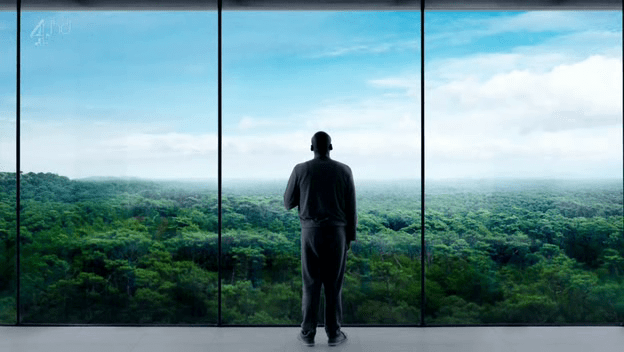 Bing silhouetted against three windows or panels, looking out over a vast forested landscape